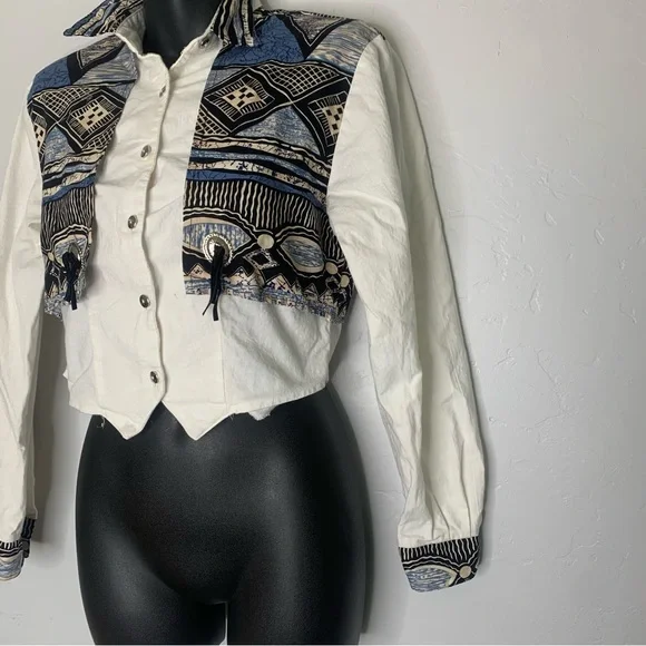 Vintage Roughrider Western Fringe Cropped Button Up Shirt Blue Black Small - Picture 2 of 14